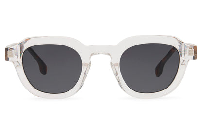 Clear square sunglasses with recycled lightweight frame and dark lenses for modern everyday fashion