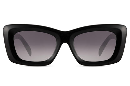 Women’s black cube frame rectangle sunglasses with dark gradient lenses by Sunglass Station, bold chunky eyewear with a modern high-fashion statement look, available online with free shipping across the UK and Europe