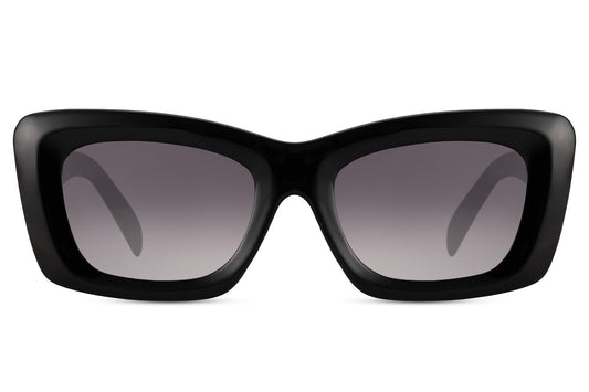 Women’s black cube frame rectangle sunglasses with dark gradient lenses by Sunglass Station, bold chunky eyewear with a modern high-fashion statement look, available online with free shipping across the UK and Europe