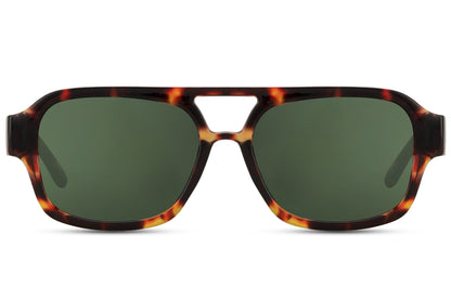 Deep green aviator sunglasses with a retro frame, ideal for outdoor activities and relaxed travel styling