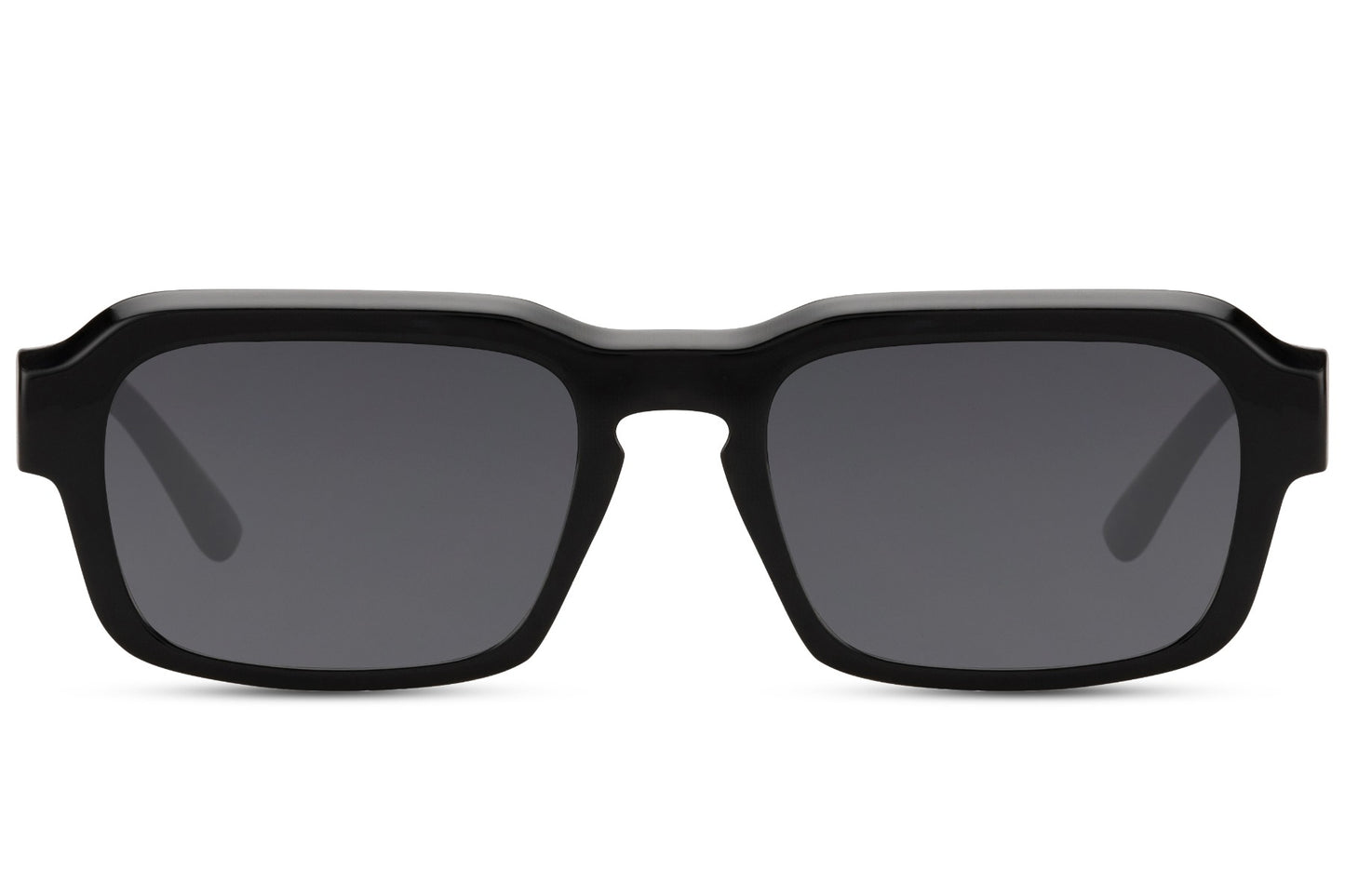 Unisex eco black rectangle sunglasses with black frame and dark lenses by Sunglass Station, sustainable eyewear made from recycled materials with UV protection and a sleek modern design, available online with free shipping across the UK and Europe