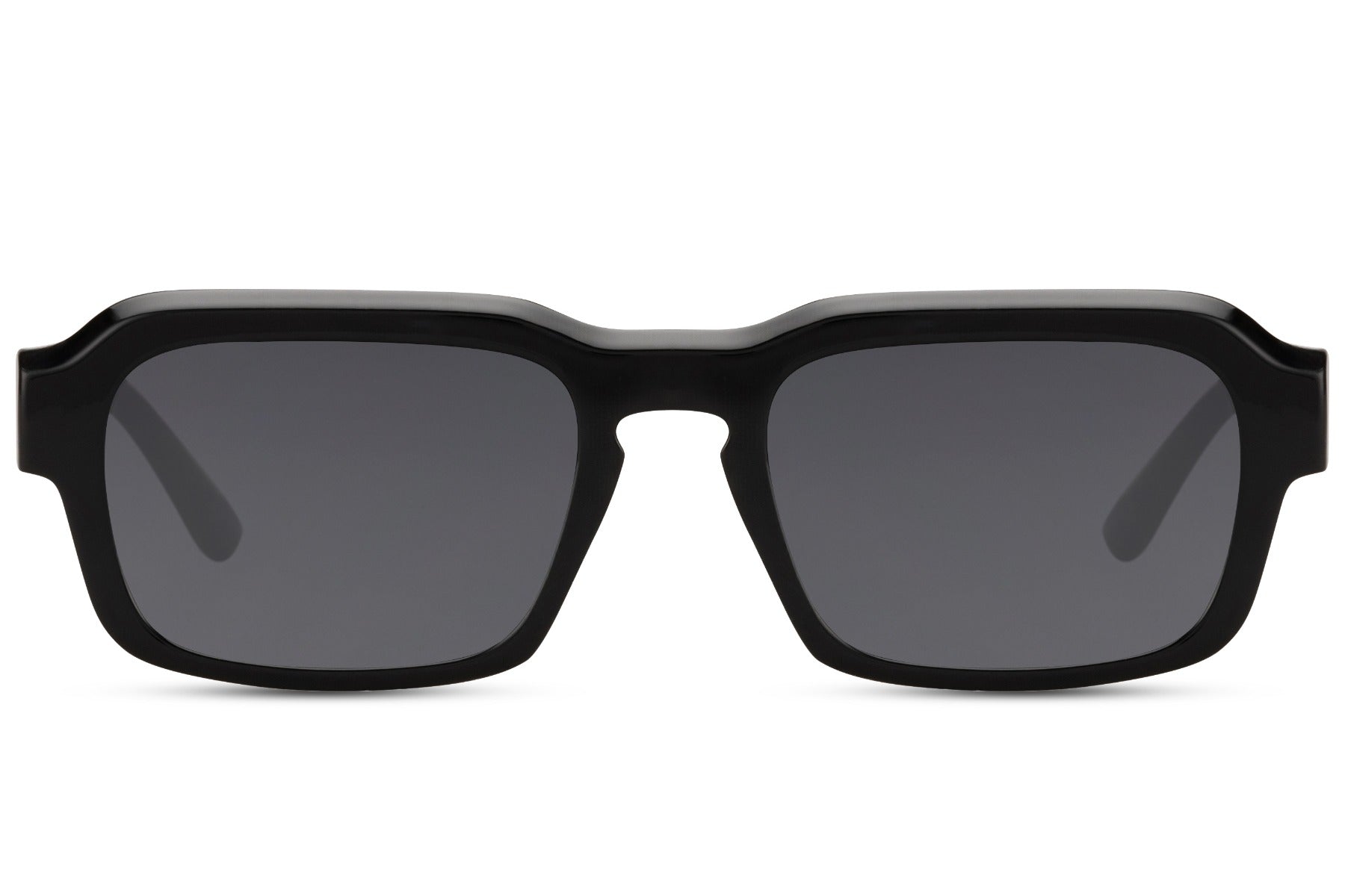 Unisex eco black rectangle sunglasses with black frame and dark lenses by Sunglass Station, sustainable eyewear made from recycled materials with UV protection and a sleek modern design, available online with free shipping across the UK and Europe