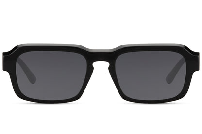Unisex eco black rectangle sunglasses with black frame and dark lenses by Sunglass Station, sustainable eyewear made from recycled materials with UV protection and a sleek modern design, available online with free shipping across the UK and Europe