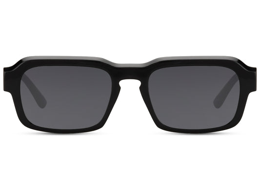 Unisex eco black rectangle sunglasses with black frame and dark lenses by Sunglass Station, sustainable eyewear made from recycled materials with UV protection and a sleek modern design, available online with free shipping across the UK and Europe