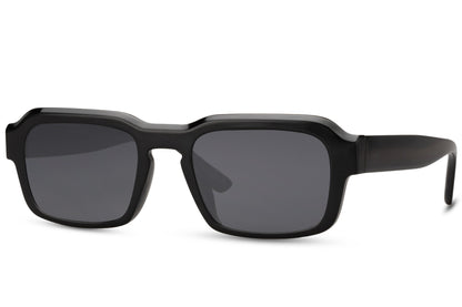Eco black rectangle sunglasses with grey lenses by Sunglass Station, unisex sustainable eyewear with a clean and minimalist everyday look