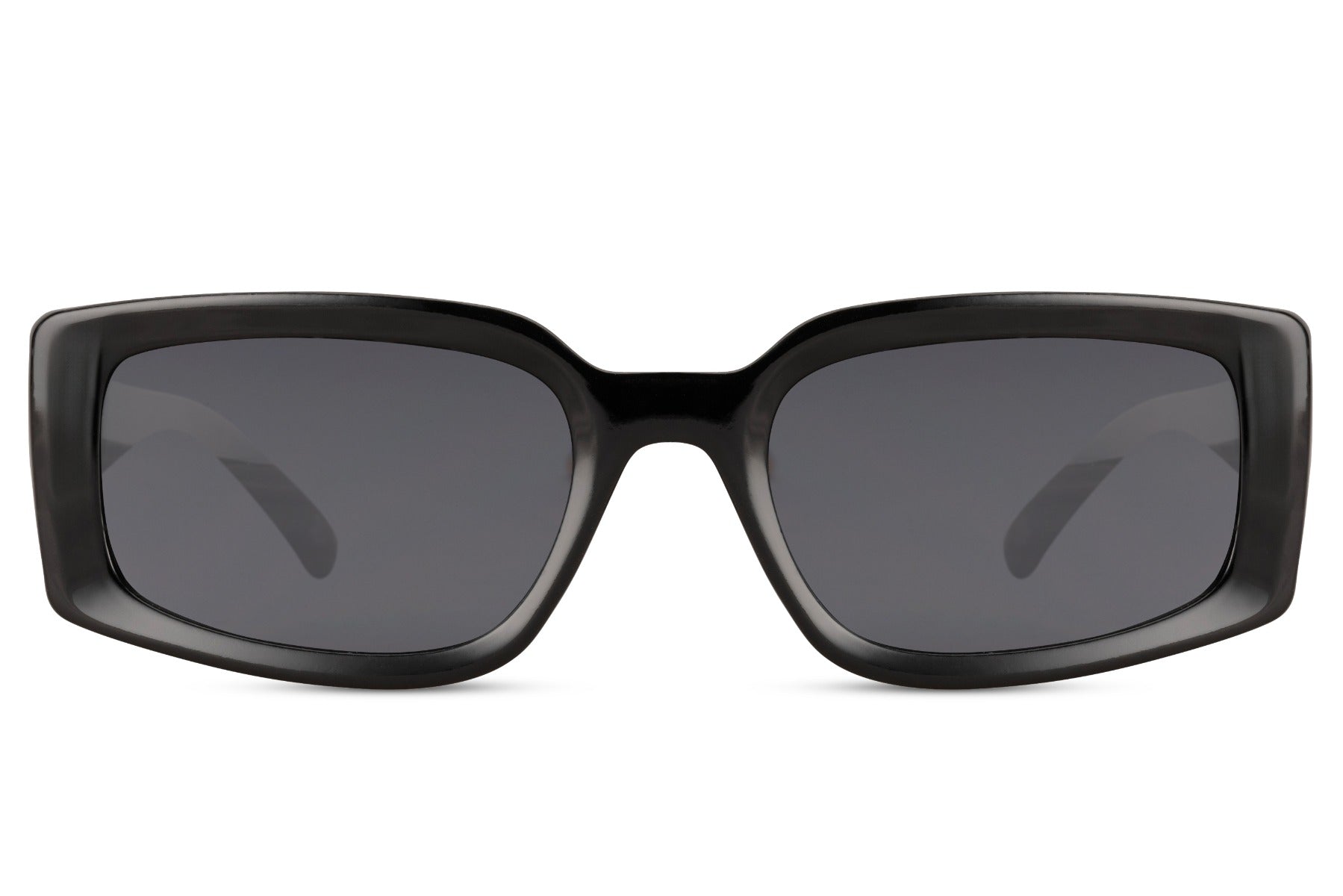 Women’s eco black rectangle sunglasses with dark lenses by Sunglass Station, minimalist designer eyewear made from recycled materials with a sleek modern look, available online with free shipping across the UK and Europe