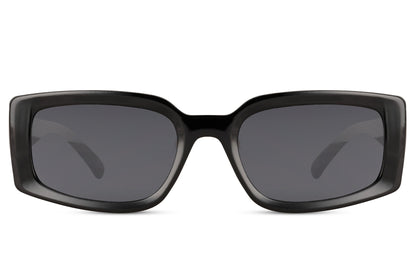 Women’s eco black rectangle sunglasses with dark lenses by Sunglass Station, minimalist designer eyewear made from recycled materials with a sleek modern look, available online with free shipping across the UK and Europe