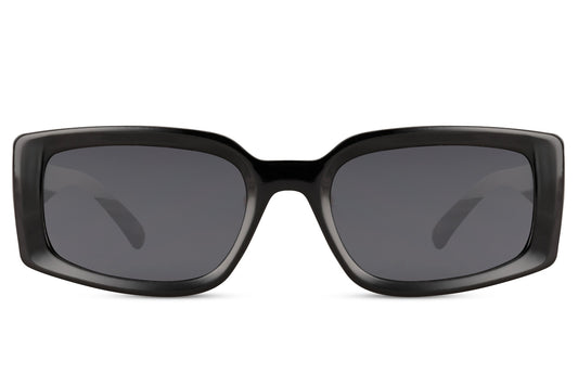 Women’s eco black rectangle sunglasses with dark lenses by Sunglass Station, minimalist designer eyewear made from recycled materials with a sleek modern look, available online with free shipping across the UK and Europe