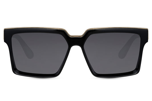 Eco bold rectangle sunglasses with black frame and dark lenses by Sunglass Station, unisex eyewear made from recycled materials with UV protection, available with free shipping across the UK and Europe