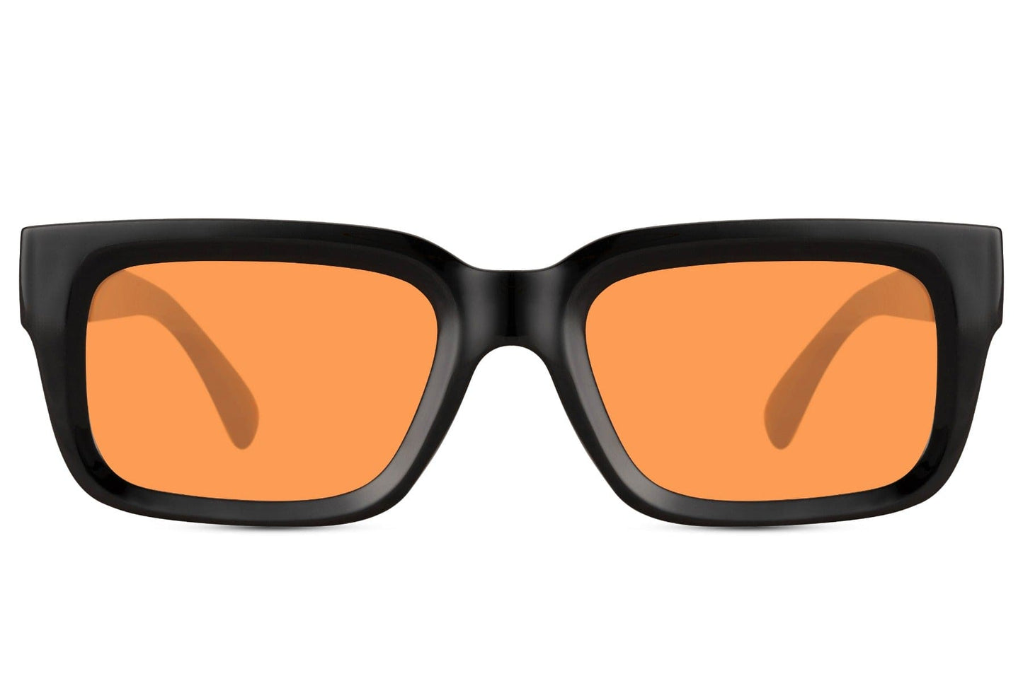 Unisex eco rectangle sunglasses with orange lenses and black frame by Sunglass Station, bold sustainable eyewear with a modern edge
