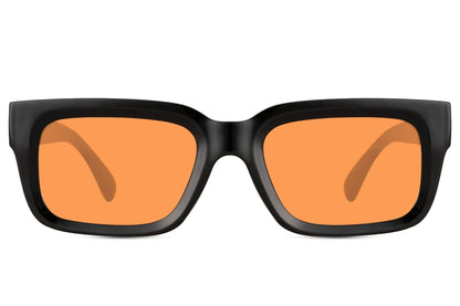 Unisex eco rectangle sunglasses with orange lenses and black frame by Sunglass Station, bold sustainable eyewear with a modern edge