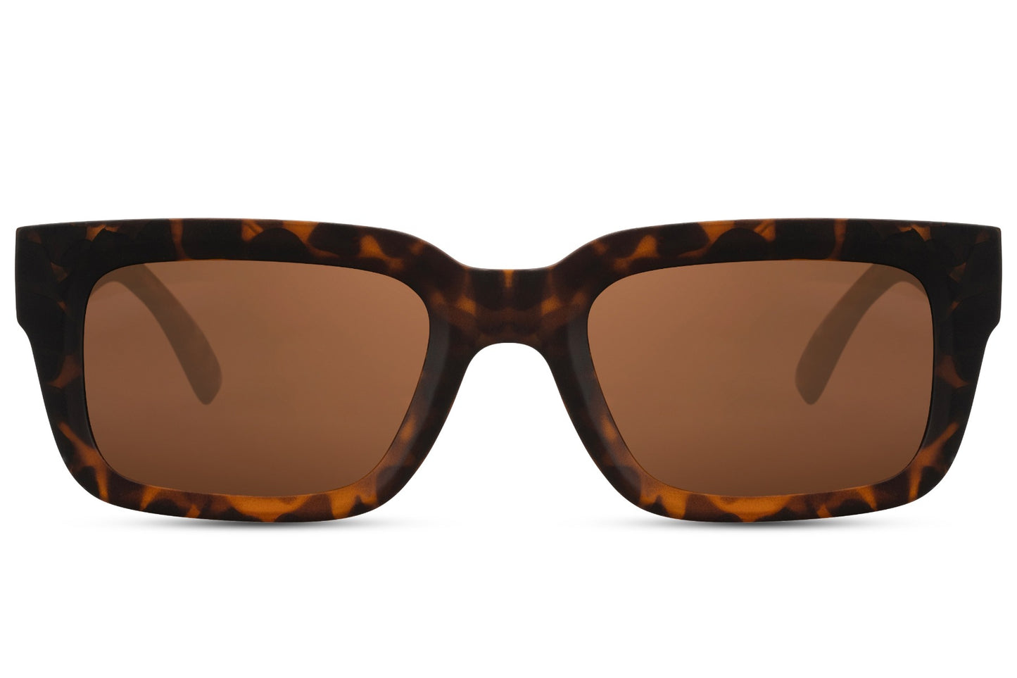 Eco rectangle sunglasses with tortoiseshell frame and dark brown lenses by Sunglass Station, sustainable unisex eyewear with a bold classic look