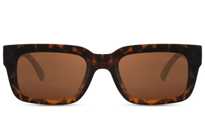 Eco rectangle sunglasses with tortoiseshell frame and dark brown lenses by Sunglass Station, sustainable unisex eyewear with a bold classic look