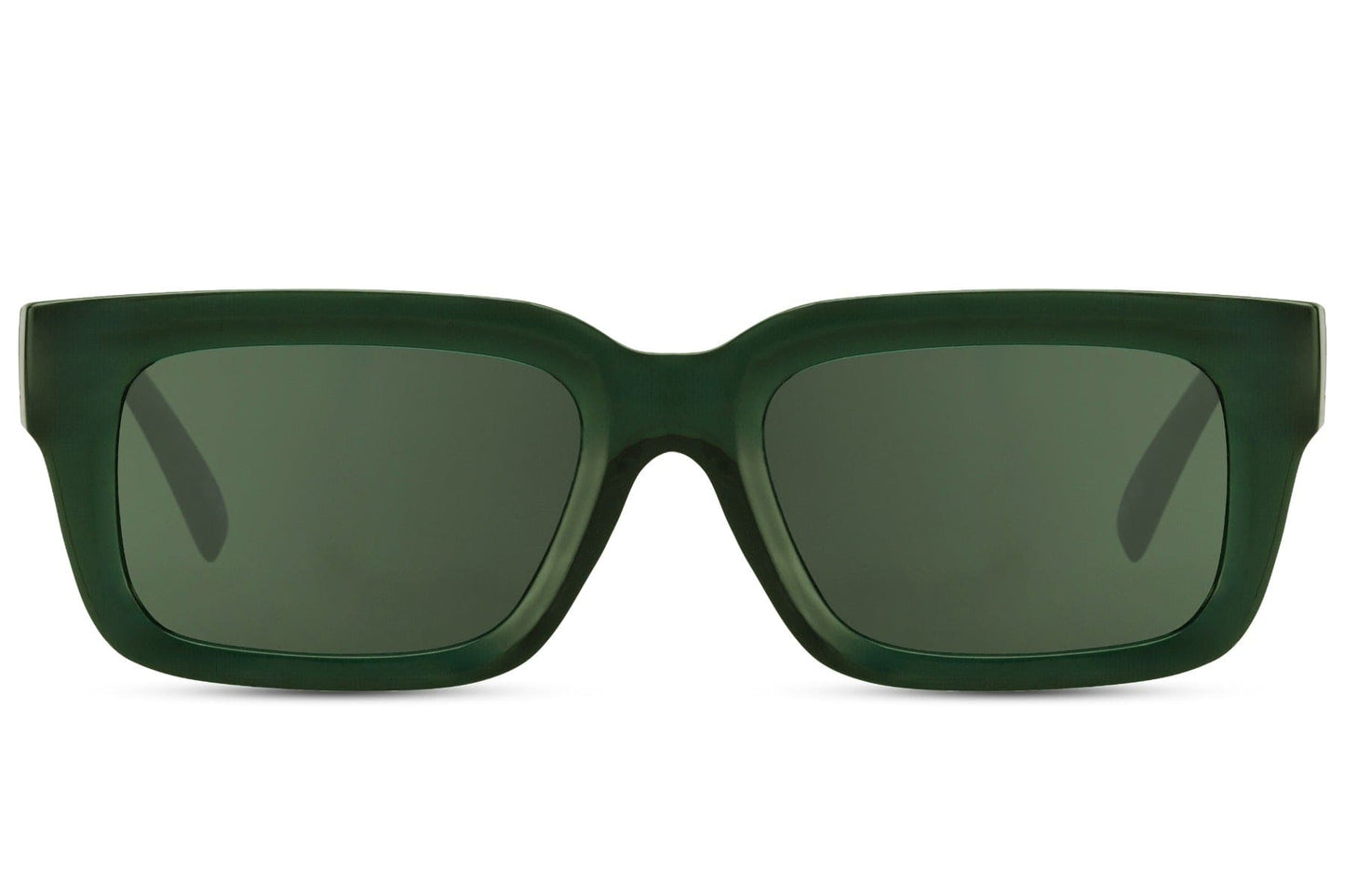 Unisex eco rectangle sunglasses with green lenses by Sunglass Station, sustainable eyewear with a bold modern style