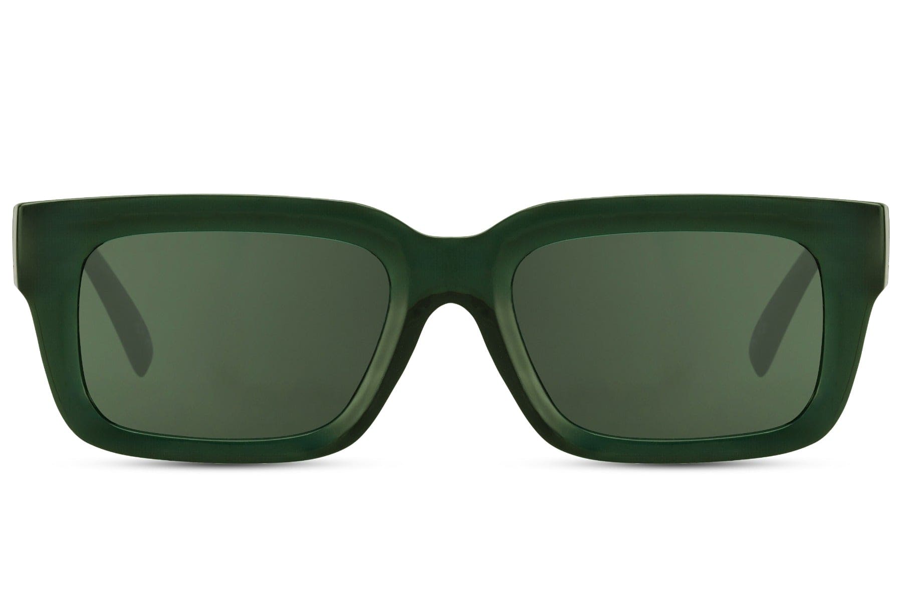 Unisex eco rectangle sunglasses with green lenses by Sunglass Station, sustainable eyewear with a bold modern style