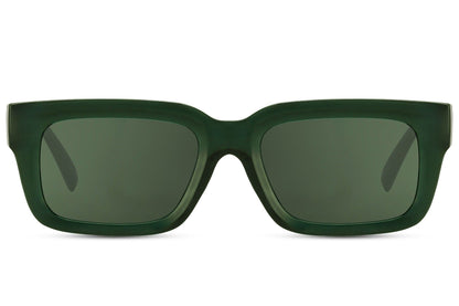 Unisex eco rectangle sunglasses with green lenses by Sunglass Station, sustainable eyewear with a bold modern style