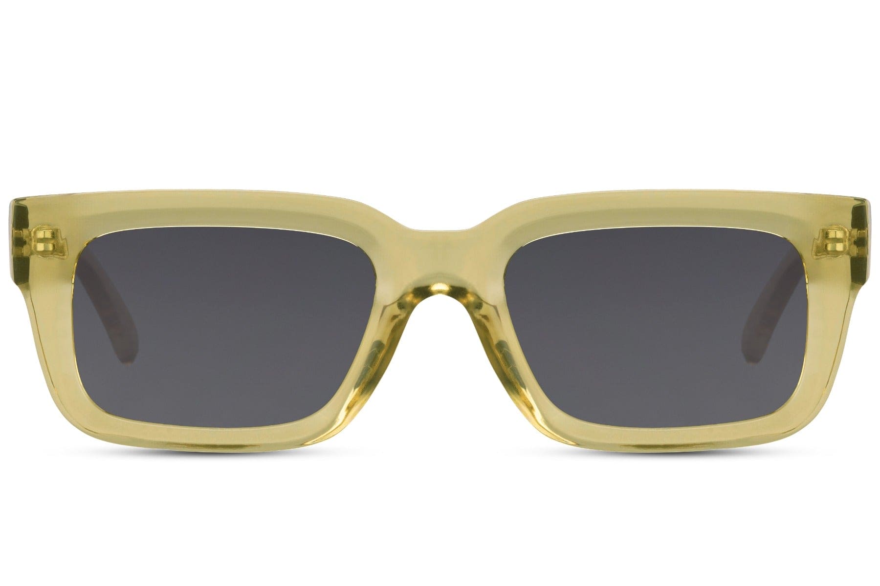 Eco classic rectangle sunglasses with yellow transparent frame and grey lenses by Sunglass Station, lightweight unisex eyewear with a stylish modern touch