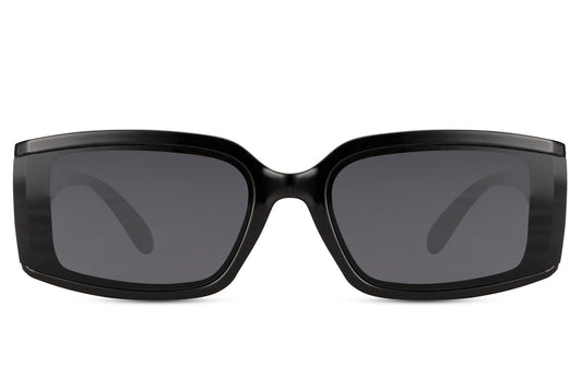 Women’s eco geometric rectangle sunglasses with black frame and dark lenses by Sunglass Station, bold modern eyewear made from recycled materials, available online with free shipping across the UK and Europe