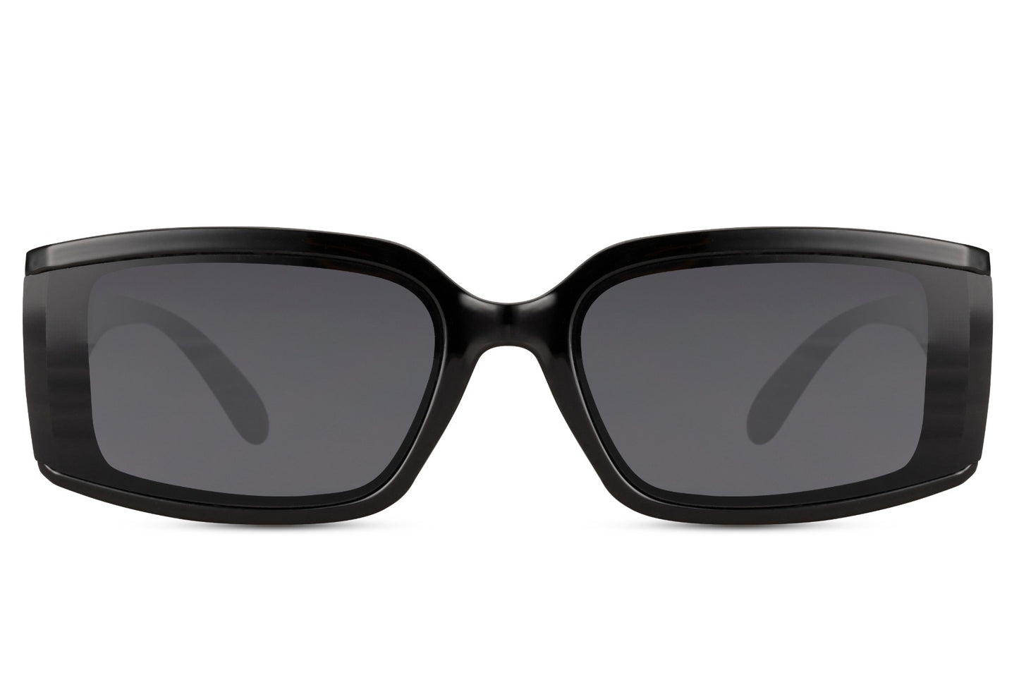 Women’s geometric rectangle sunglasses with black frame and gradient lenses by Sunglass Station, eco-friendly design combining bold shape with modern elegance
