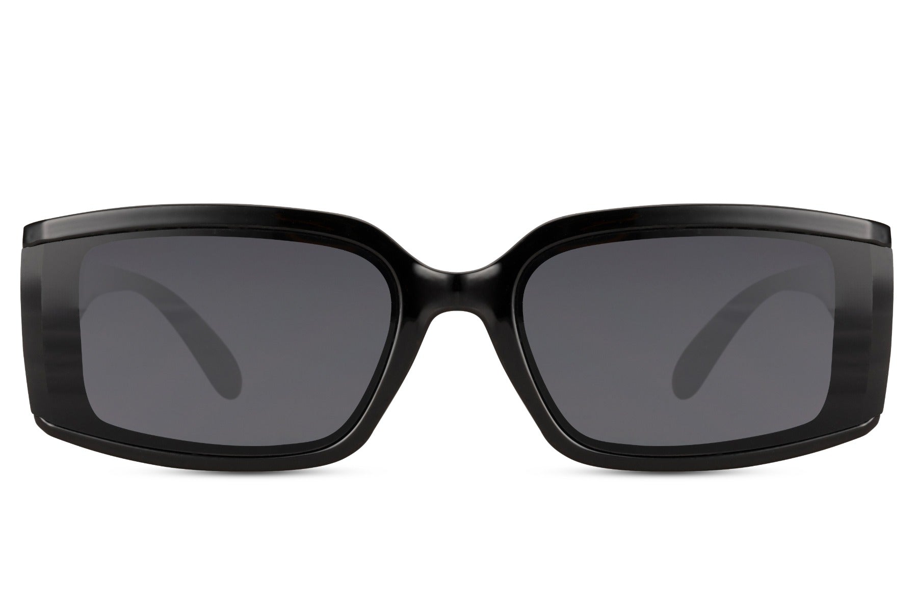 Women’s geometric rectangle sunglasses with black frame and gradient lenses by Sunglass Station, eco-friendly design combining bold shape with modern elegance