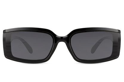 Women’s geometric rectangle sunglasses with black frame and gradient lenses by Sunglass Station, eco-friendly design combining bold shape with modern elegance