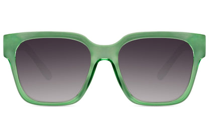 Eco oversized square sunglasses with green frame and dark lenses, offering bold statement style with sustainable construction