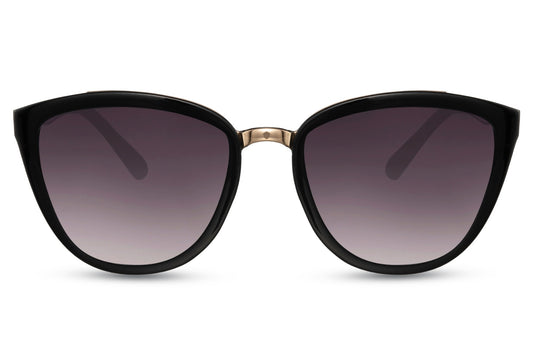 Black cat eye sunglasses with gradient tinted lenses and lightweight eco friendly frame offering UV protection