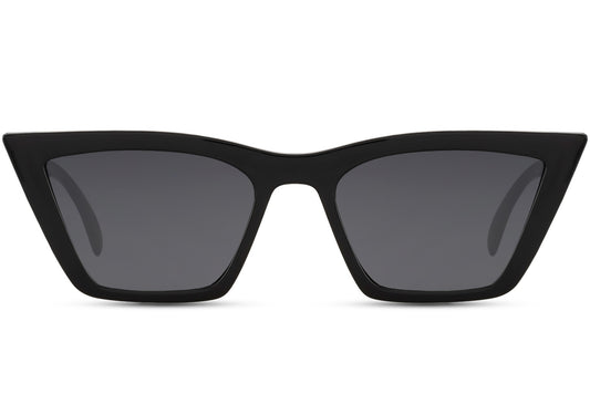 Black razor cat eye sunglasses with sharp angular frame and tinted lenses offering UV protection and lightweight comfort
