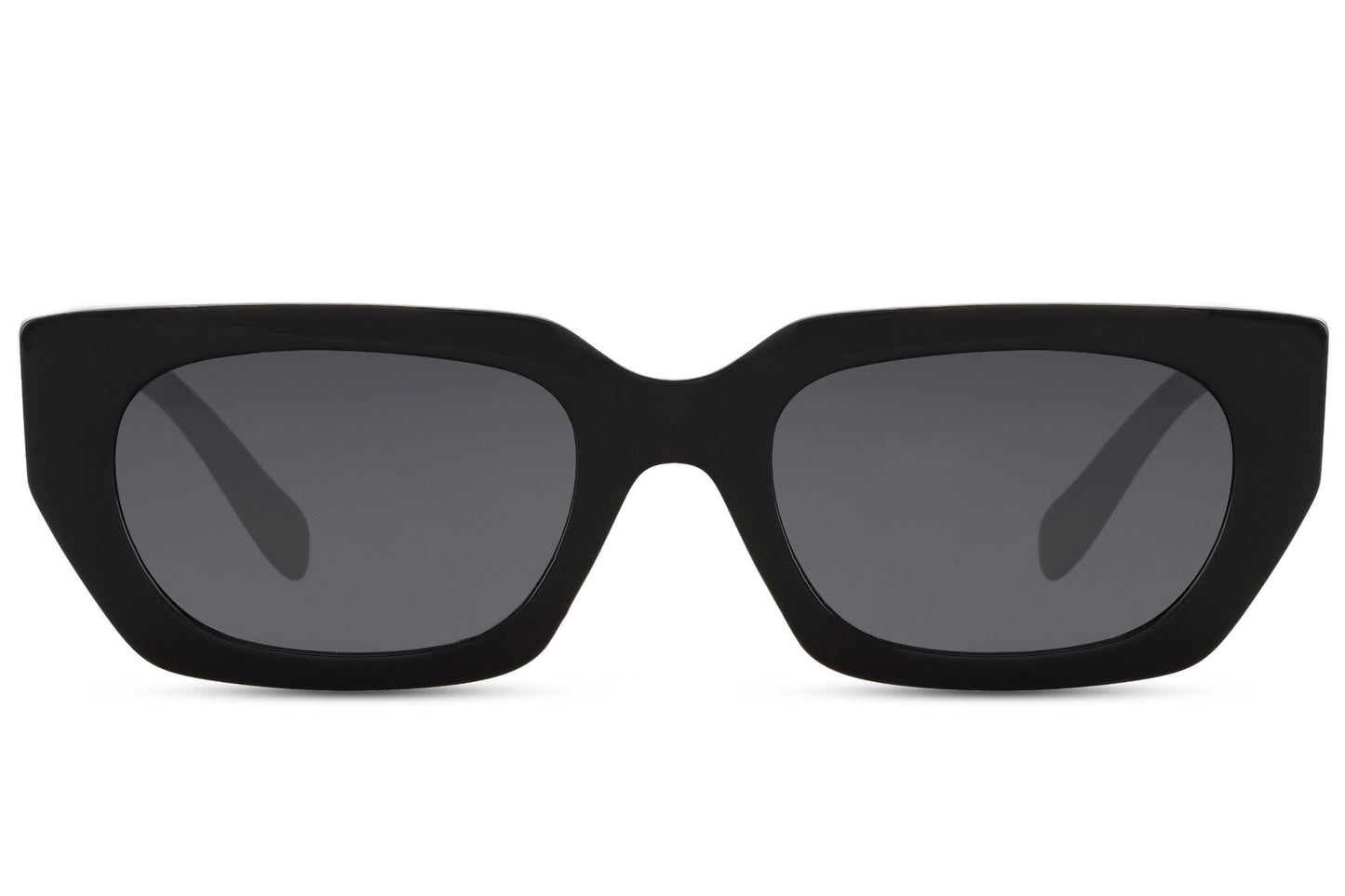 Eco rectangle cat eye sunglasses with black frame and dark lenses by Sunglass Station, bold unisex eyewear made from recycled materials with UV protection, available with free shipping across the UK and Europe