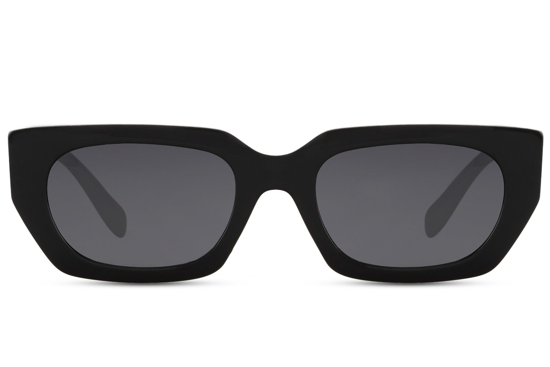 Eco rectangle cat eye sunglasses with black frame and dark lenses by Sunglass Station, bold unisex eyewear made from recycled materials with UV protection, available with free shipping across the UK and Europe