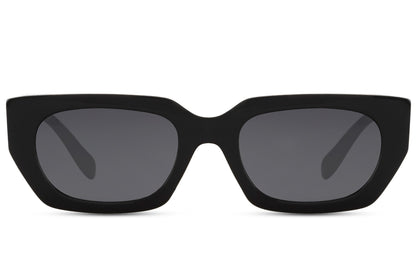 Eco rectangle cat eye sunglasses with black frame and dark lenses by Sunglass Station, bold unisex eyewear made from recycled materials with UV protection, available with free shipping across the UK and Europe