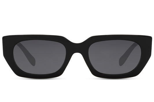 Eco rectangle cat eye sunglasses with black frame and dark lenses by Sunglass Station, bold unisex eyewear made from recycled materials with UV protection, available with free shipping across the UK and Europe
