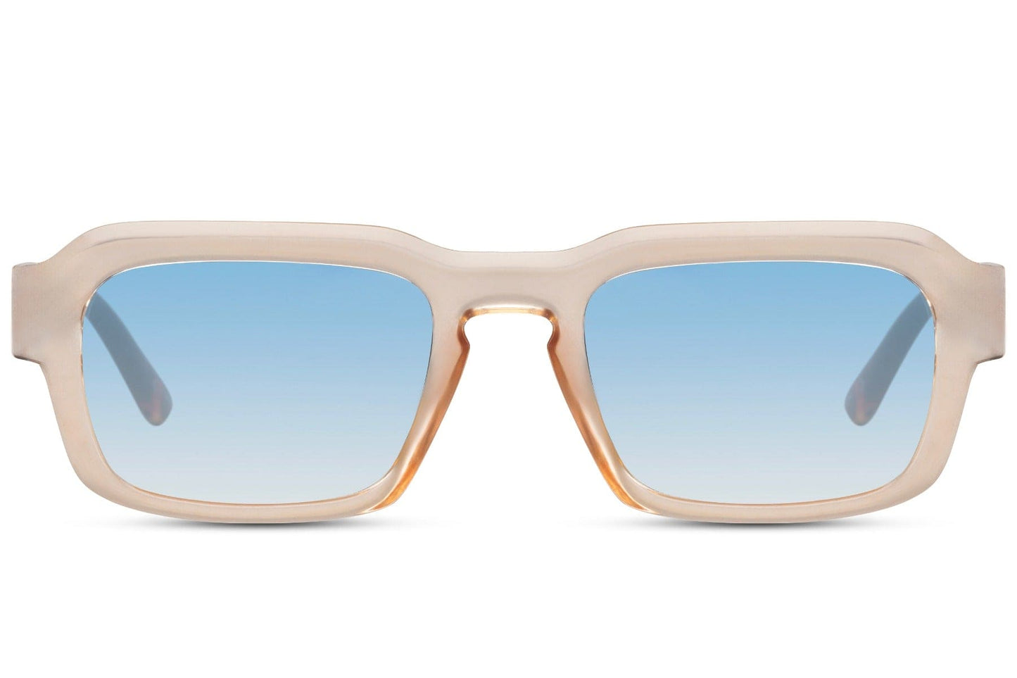 Unisex eco rectangle sunglasses with transparent beige frame and blue lenses by Sunglass Station, contemporary sustainable eyewear with a fresh modern look