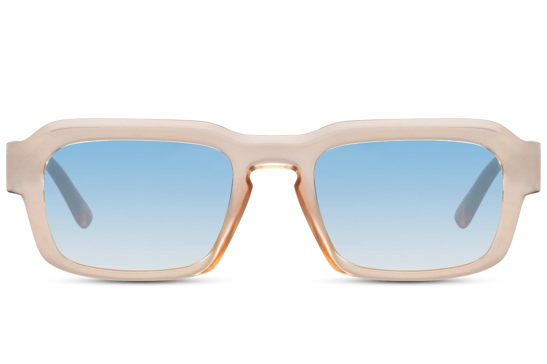 Unisex eco rectangle sunglasses with transparent beige frame and blue lenses by Sunglass Station, contemporary sustainable eyewear with a fresh modern look