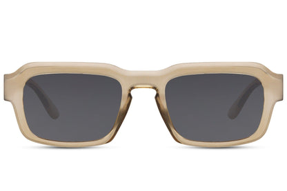 Unisex eco rectangle sunglasses with beige frame and grey lenses by Sunglass Station, lightweight sustainable eyewear with a clean modern style