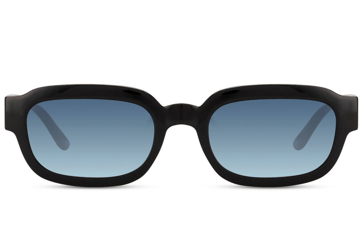 Eco rectangle sunglasses with black frame and blue lenses by Sunglass Station, sustainable unisex eyewear with a sleek modern finish