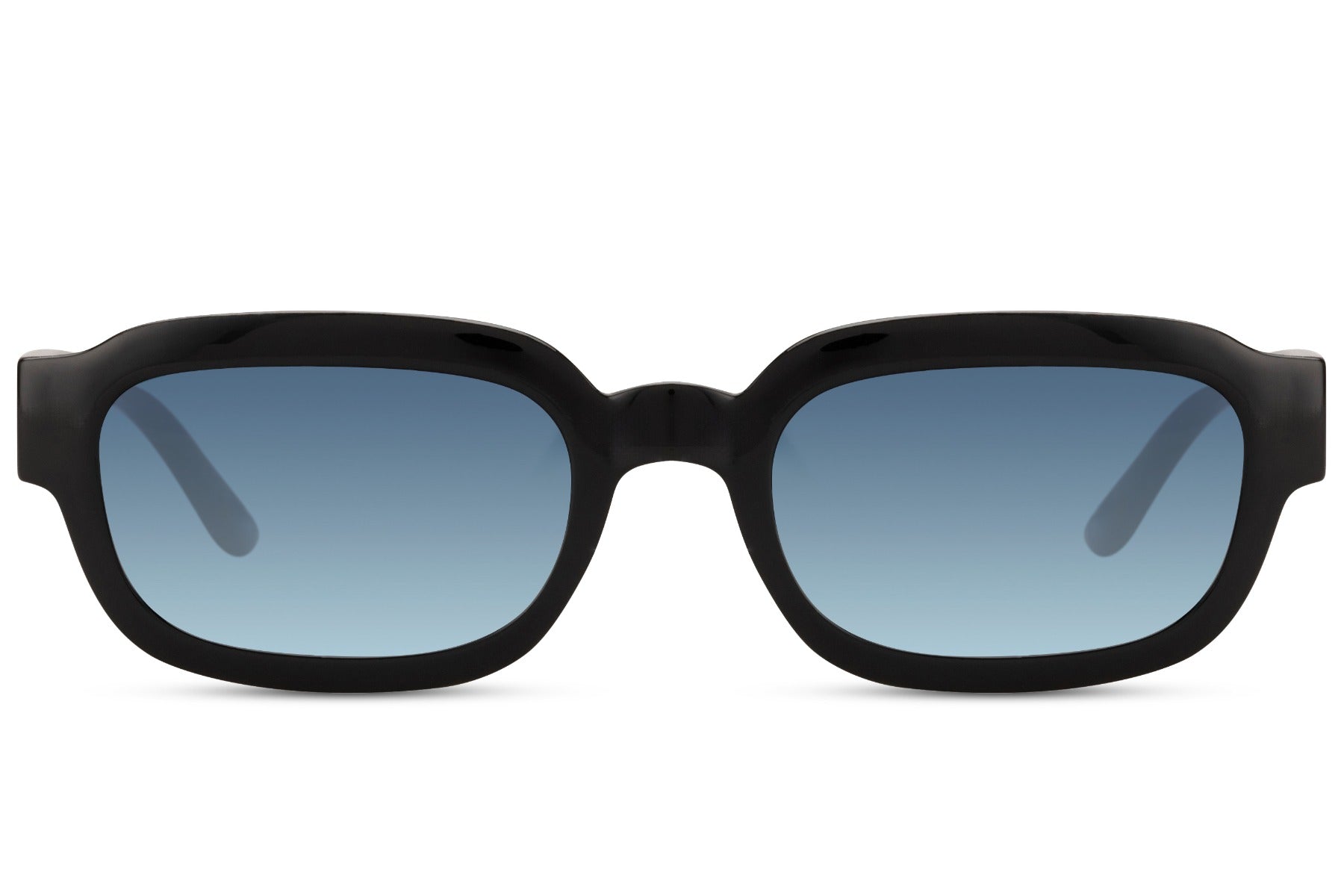 Eco rectangle sunglasses with black frame and blue lenses by Sunglass Station, sustainable unisex eyewear with a sleek modern finish