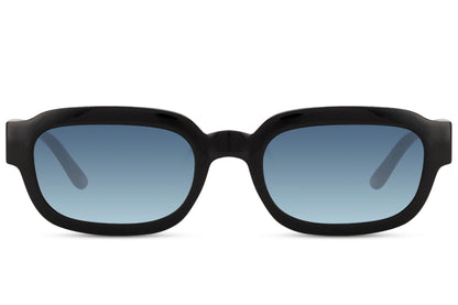 Eco rectangle sunglasses with black frame and blue lenses by Sunglass Station, sustainable unisex eyewear with a sleek modern finish