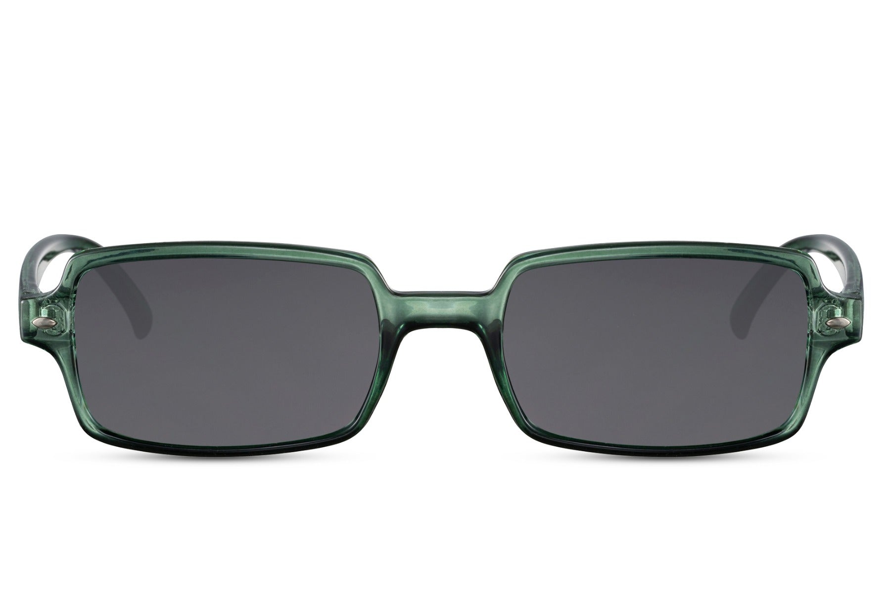 Eco rectangle sunglasses with black frame and green lenses by Sunglass Station, unisex sustainable eyewear designed for everyday outdoor use