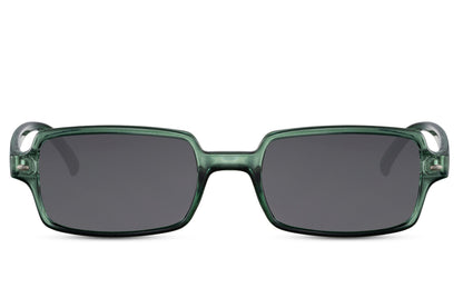 Eco rectangle sunglasses with black frame and green lenses by Sunglass Station, unisex sustainable eyewear designed for everyday outdoor use