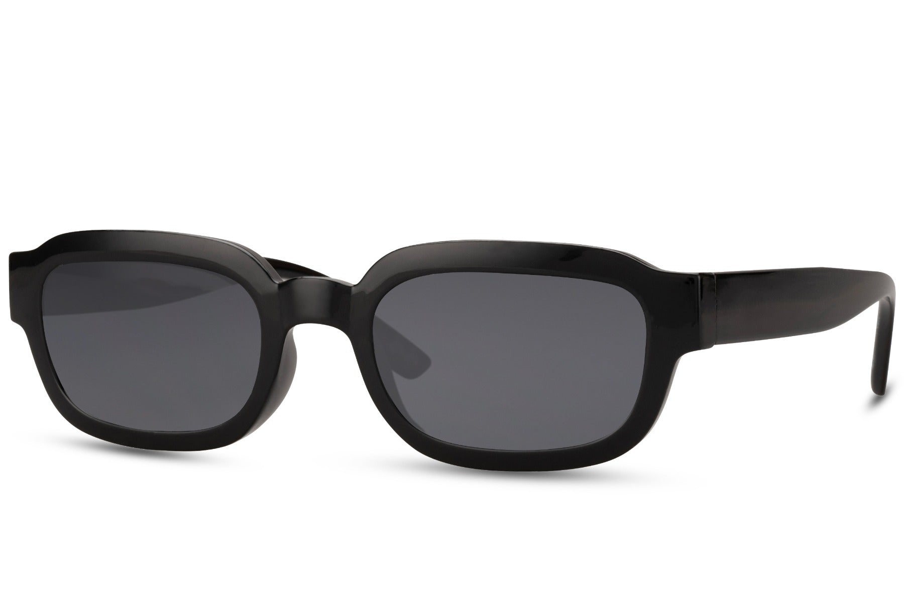 Unisex eco rectangle sunglasses with black frame and grey lenses by Sunglass Station, lightweight sustainable eyewear with a clean modern look