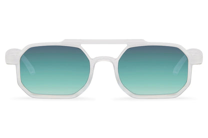 Eco modern rectangle sunglasses with blue lenses by Sunglass Station, sustainable unisex eyewear with a minimalist design and comfortable fit