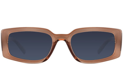 Women’s eco rectangle sunglasses with brown frame and blue lenses by Sunglass Station, elegant everyday eyewear with a lightweight sustainable design