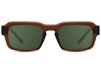 Unisex eco rectangle sunglasses with brown frame and green lenses by Sunglass Station, stylish sustainable eyewear for everyday use