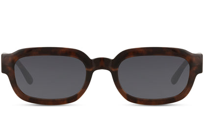 Unisex eco rectangle sunglasses with brown frame and grey lens by Sunglass Station, lightweight recycled material design with a timeless everyday style