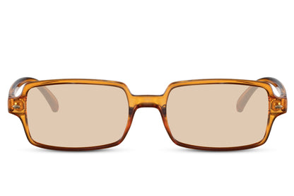 Eco sleek rectangle sunglasses with brown transparent frame and light brown lenses by Sunglass Station, unisex eyewear with a clean and minimal design