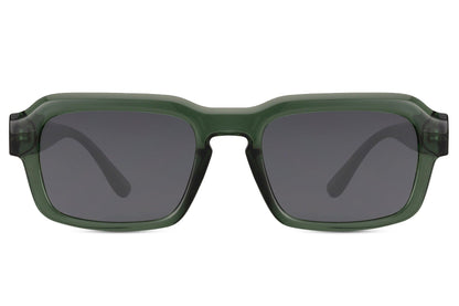 Unisex eco rectangle sunglasses with green frame and dark lenses by Sunglass Station, lightweight sustainable eyewear with a modern style