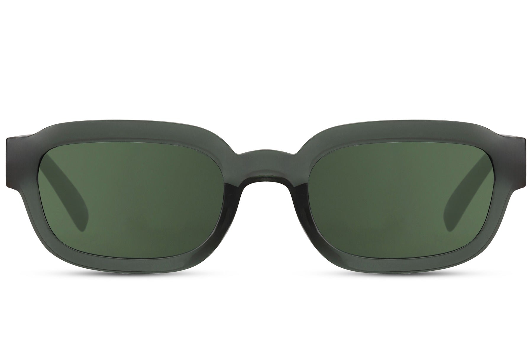 Eco rectangle sunglasses with green frame and green lenses by Sunglass Station, unisex sustainable eyewear designed for everyday comfort and style