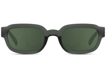 Eco rectangle sunglasses with green frame and green lenses by Sunglass Station, unisex sustainable eyewear designed for everyday comfort and style