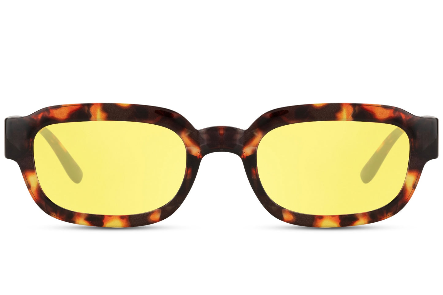 Eco sleek rectangle sunglasses with tortoiseshell frame and yellow lenses by Sunglass Station, bold unisex eyewear combining sustainability with modern fashion